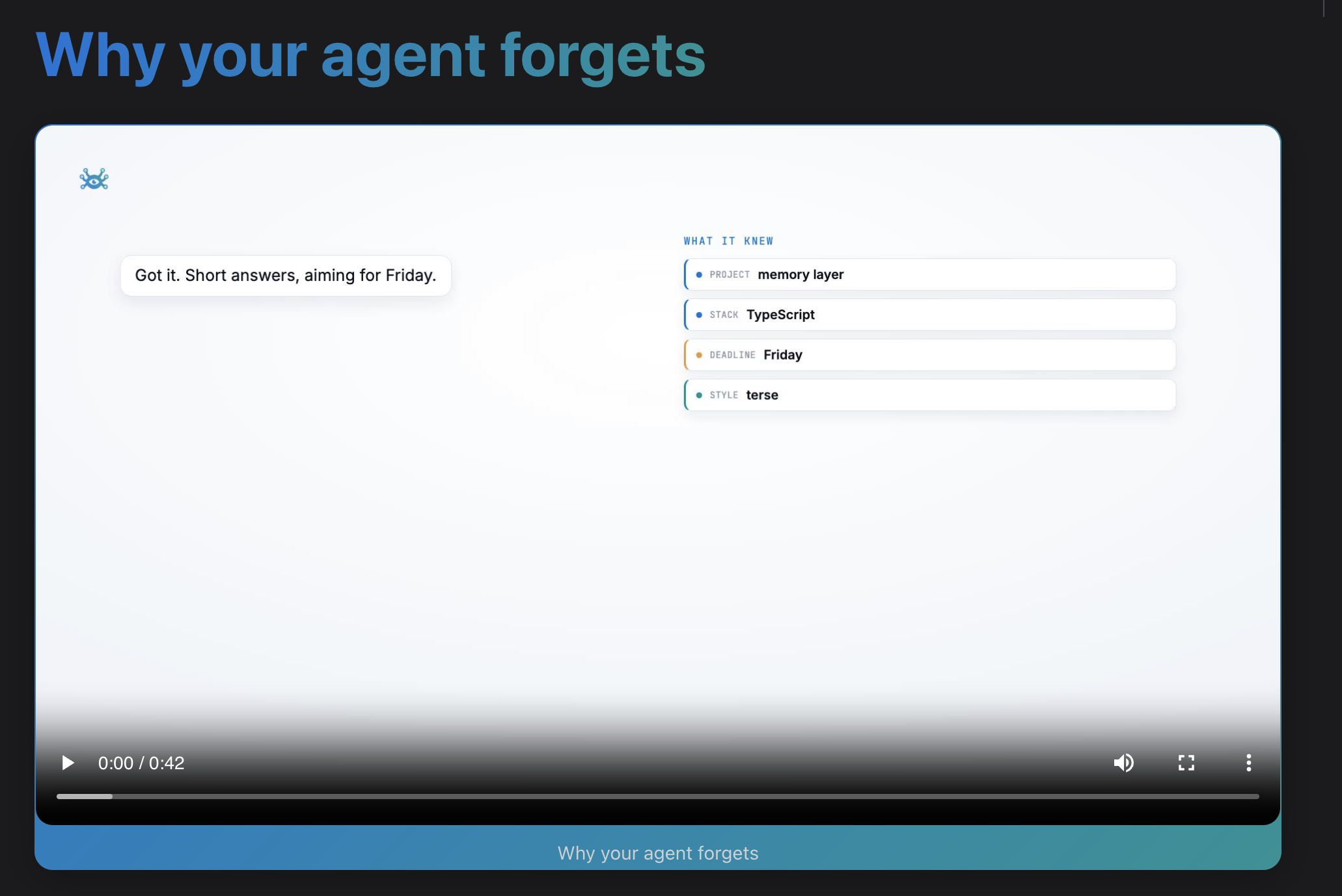 A Hindsight Academy lesson, "Why your agent forgets," with an animated explainer of what the agent knew