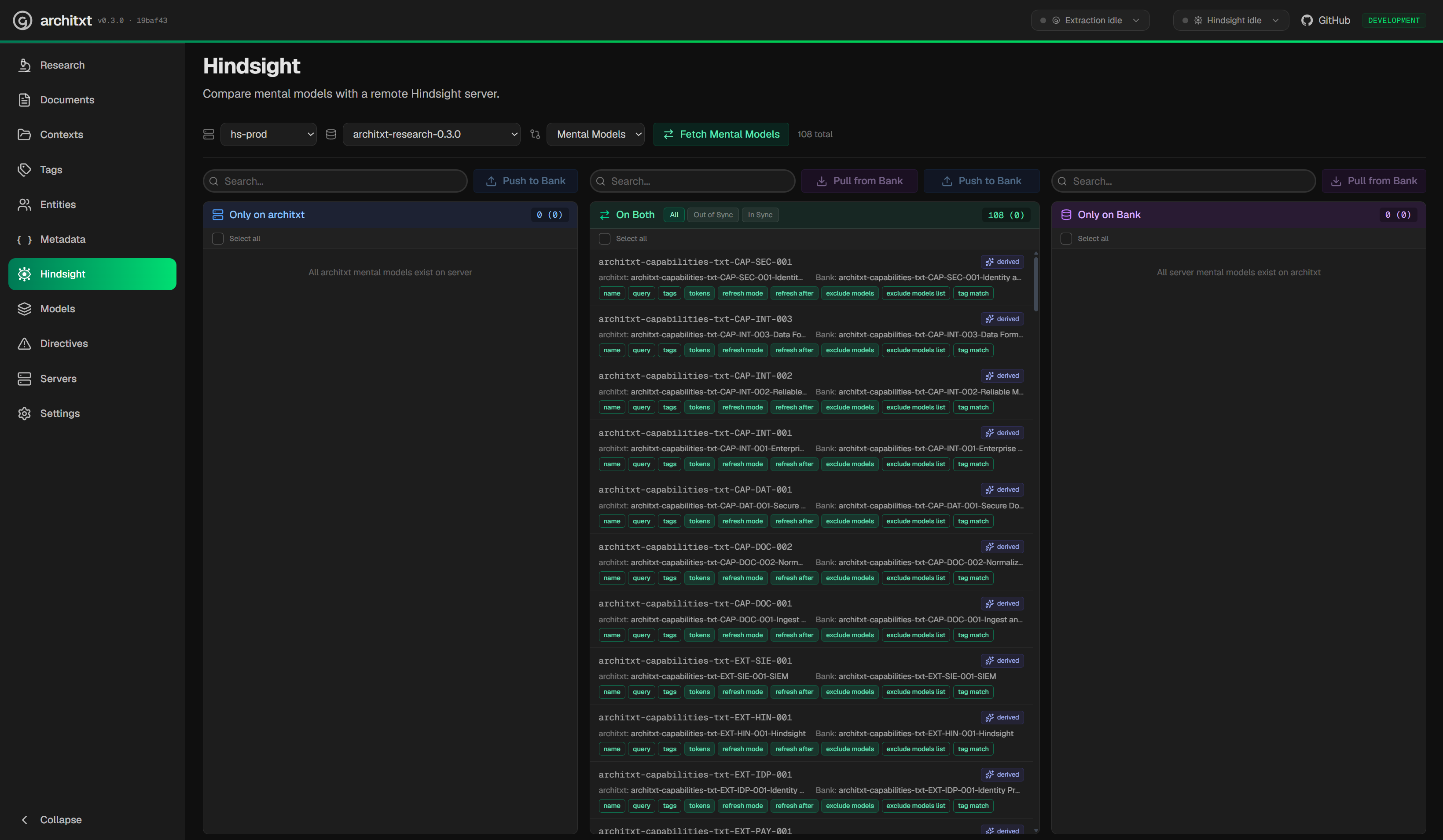 Comparing architxt's mental models against a remote Hindsight bank: only on architxt, on both, or only on the bank.
