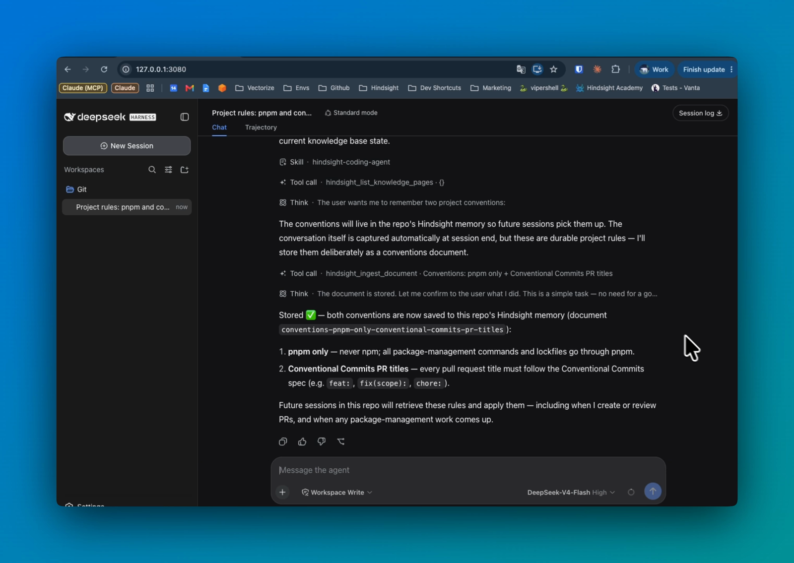 DeepSeek Harness storing two project rules to the repo's Hindsight memory