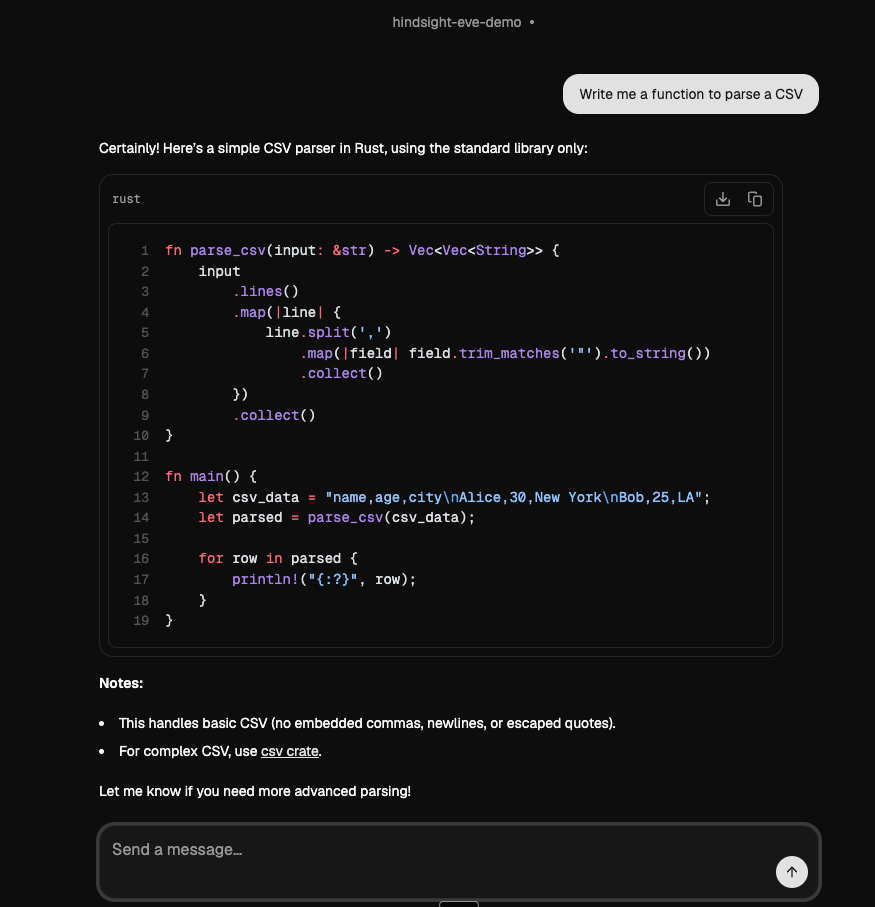 A fresh chat writes the CSV parser in Rust, applying the remembered preference with no tool call.