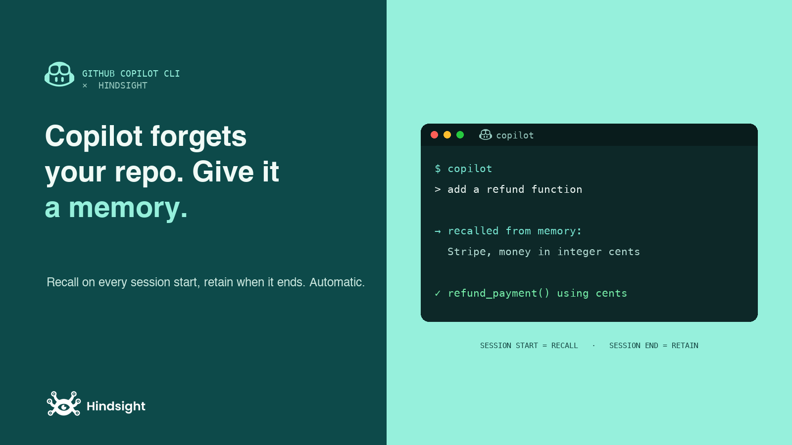 GitHub Copilot CLI with Hindsight: recall project context on session start, retain the session on exit