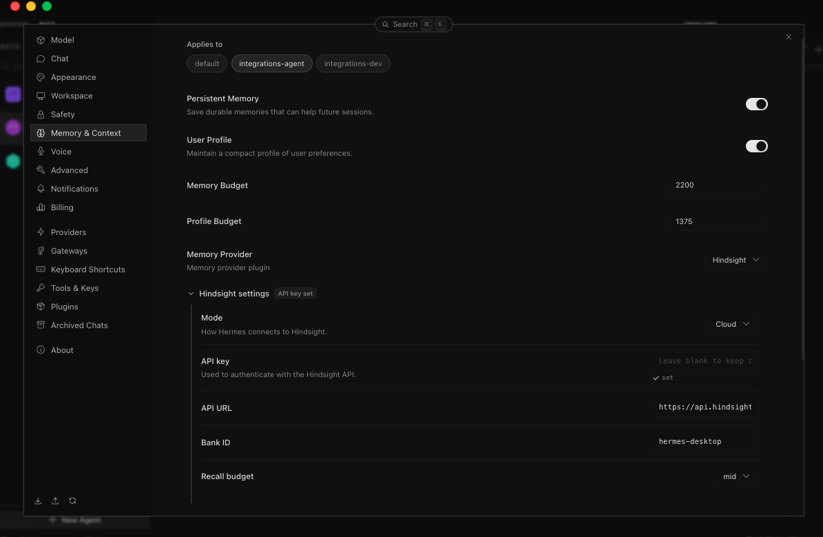 Hermes Desktop Memory &amp; Context settings, scoped per agent, with Hindsight as the memory provider and a per-bot Bank ID