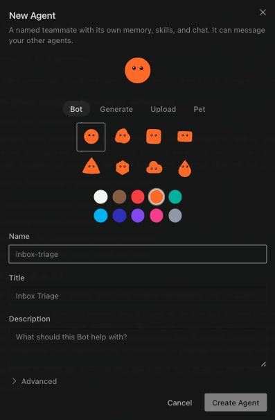 Hermes Bot Mode: the New Agent dialog, creating a named bot with its own memory, skills, and chat