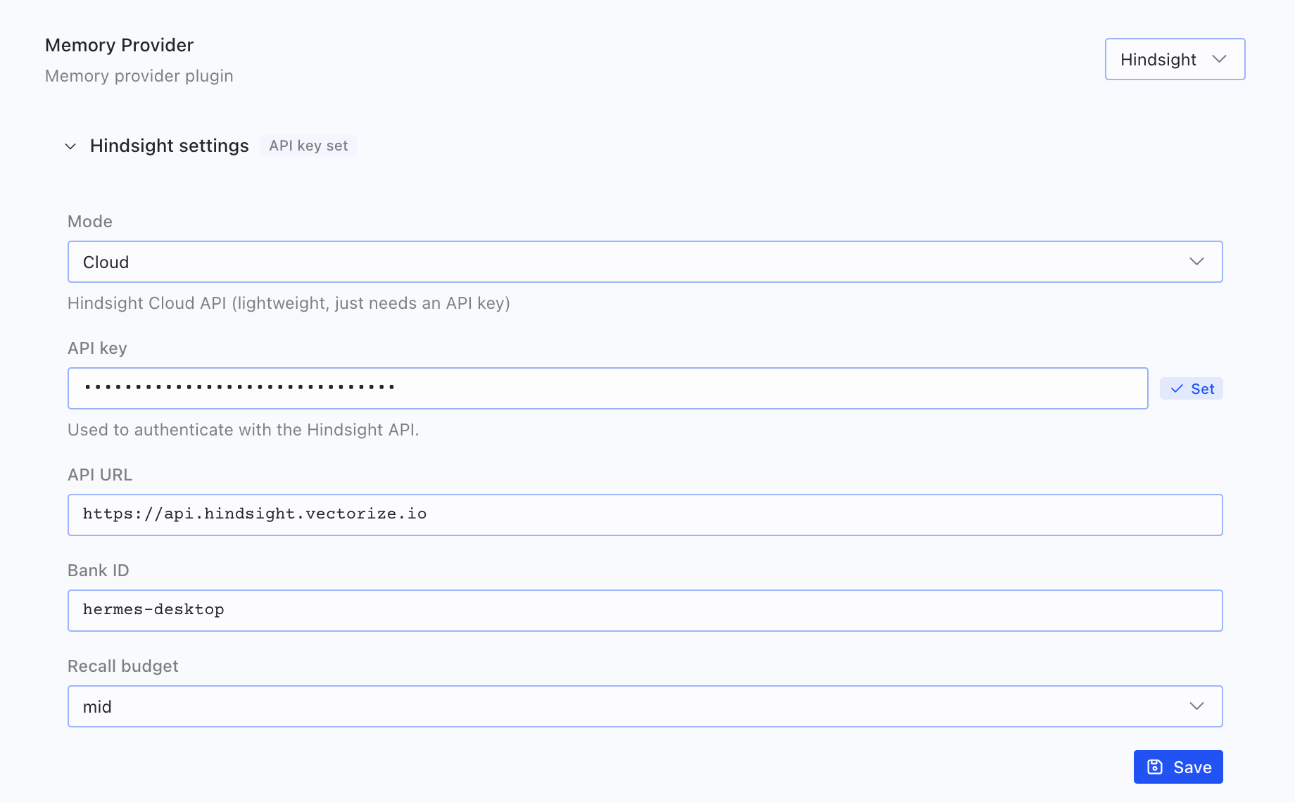 The Hindsight memory provider configuration panel in the Hermes desktop app