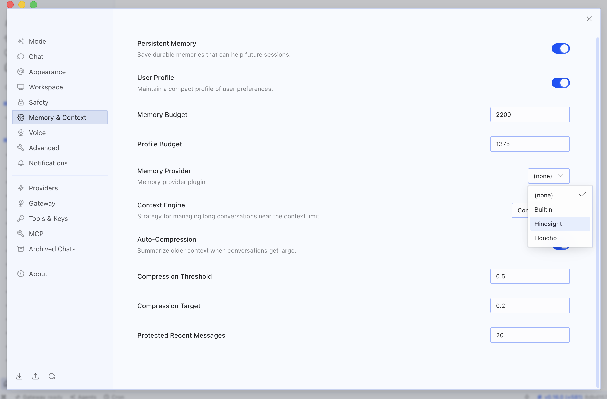 Selecting Hindsight as the memory provider in the Hermes desktop app's Settings → Memory & Context