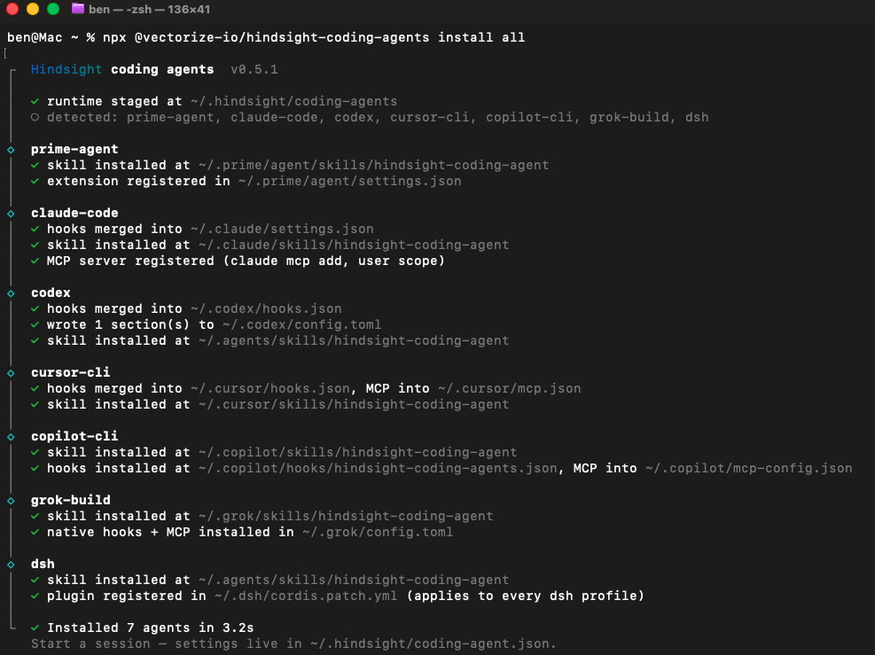 hindsight-coding-agents install all, wiring seven detected coding agents in 3.2 seconds