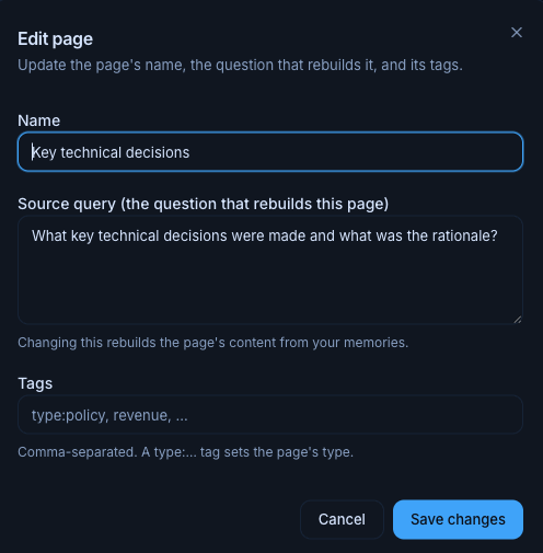 The page editor: a Name field and a "Source query" — the question that rebuilds this page from memory — plus optional tags