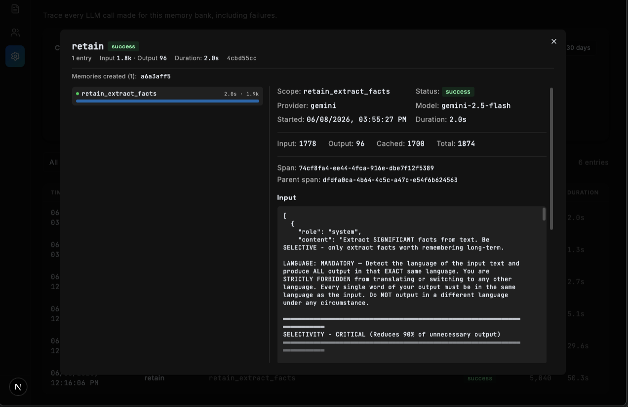 Hindsight LLM request trace detail showing the provider, model, token usage, spans, and the exact prompt behind a retain call