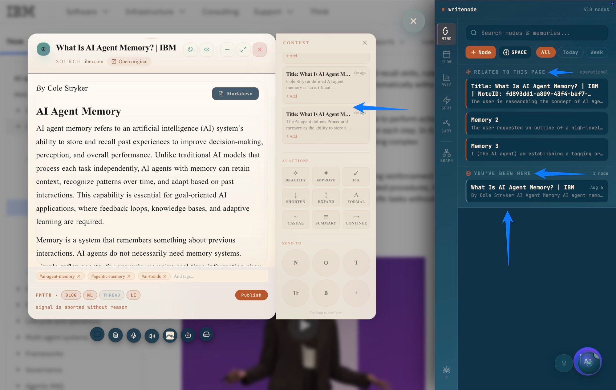 writenode showing memories related to the current page and prior visits