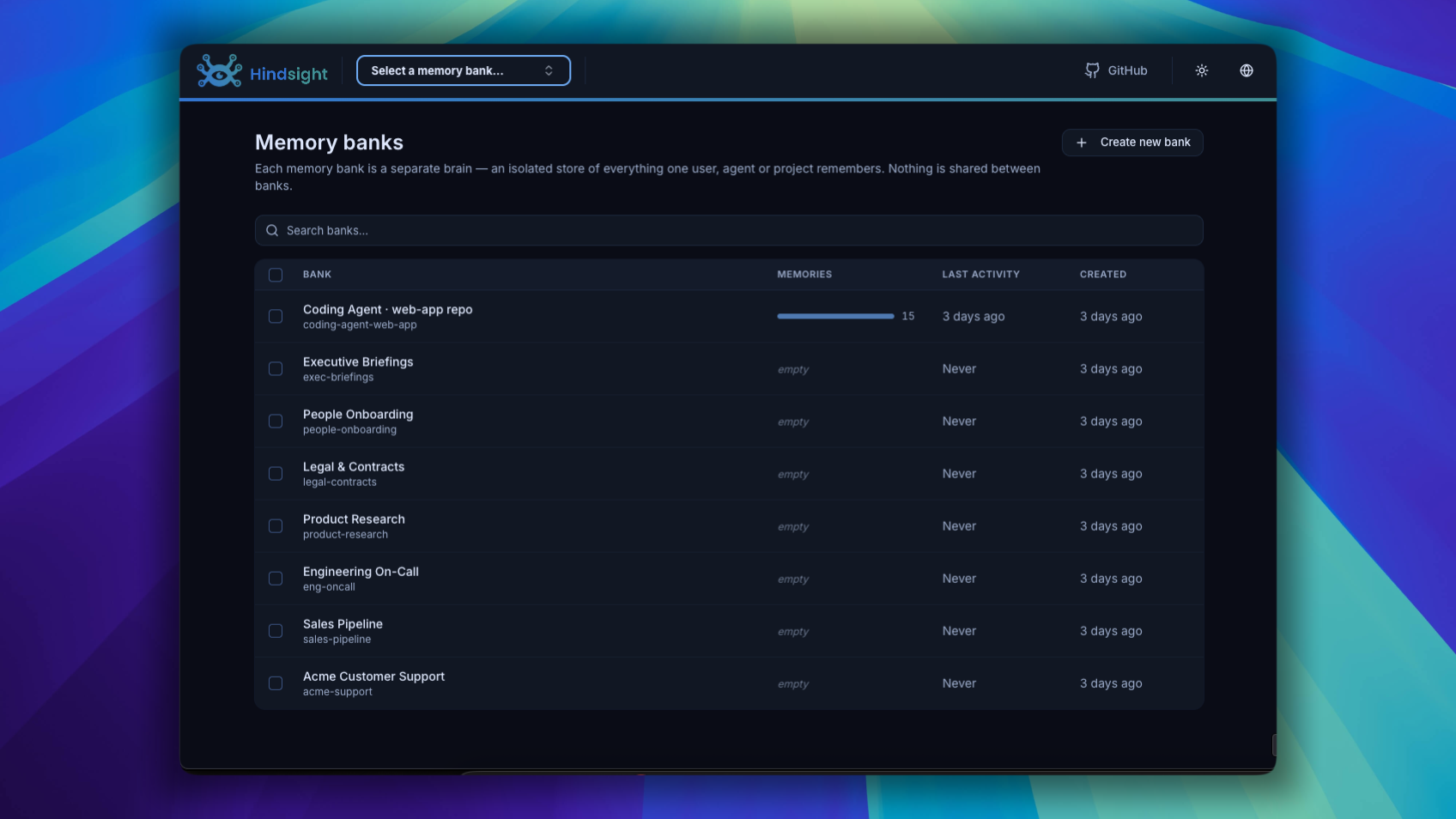 The control plane home page listing eight memory banks with their memory counts, last activity and creation dates, a checkbox on each row for bulk delete, a search box and a Create new bank button