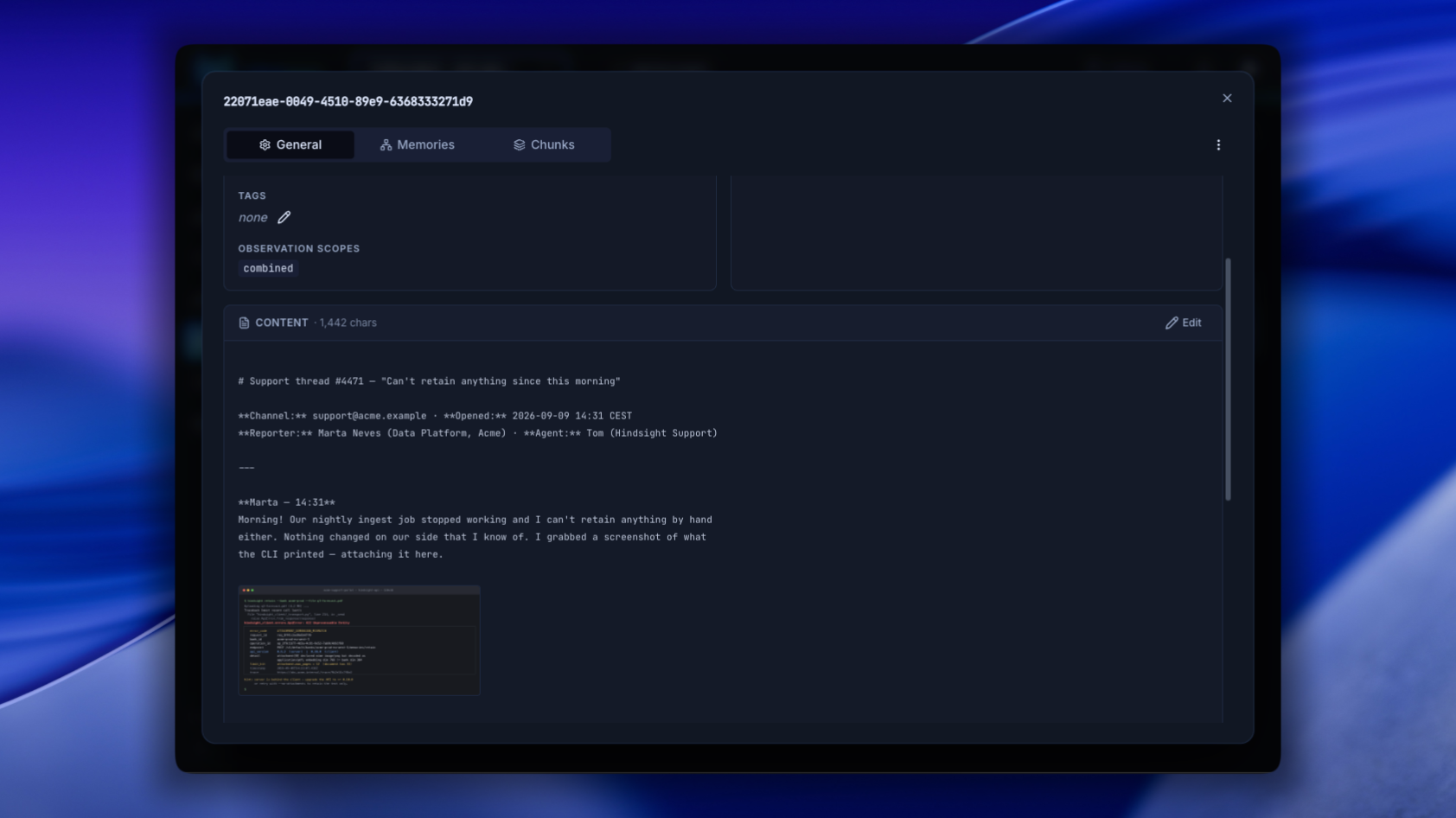 The retained document in the control plane, with the error screenshot rendered inline at the point in the support thread where it was attached