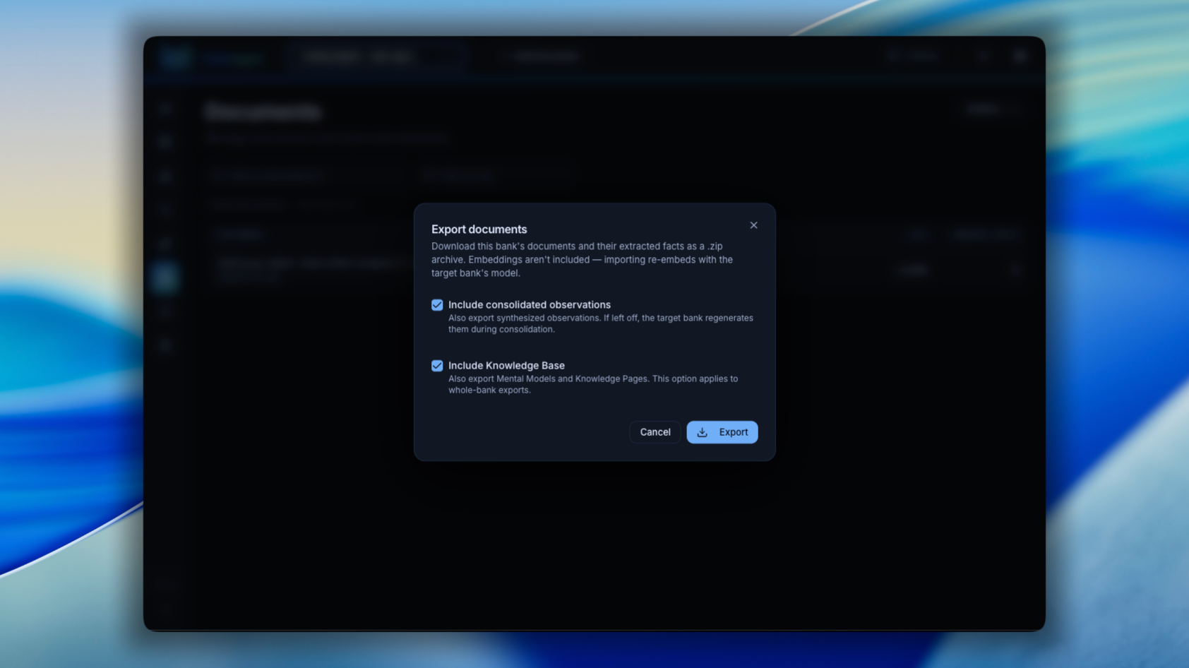 The control plane's Export documents dialog with Include Knowledge Base ticked, which adds mental models and knowledge pages to a whole-bank export