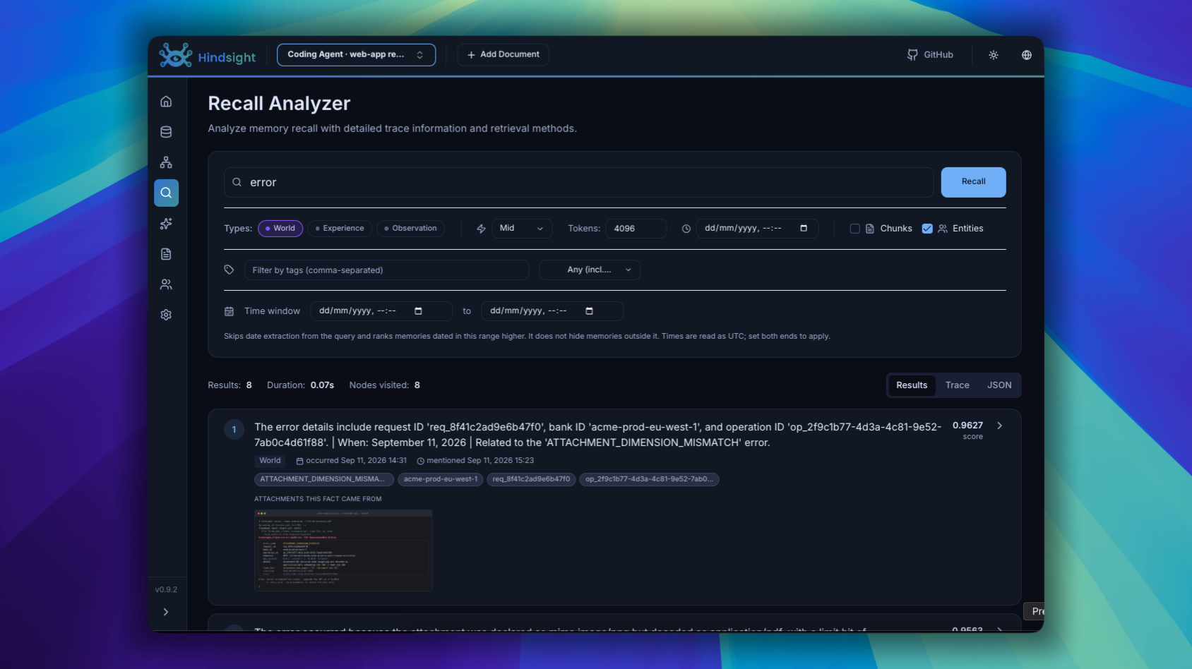 The Recall Analyzer returning a fact with the request ID, bank ID and error code that only appear in the screenshot, with that screenshot shown under Attachments this fact came from