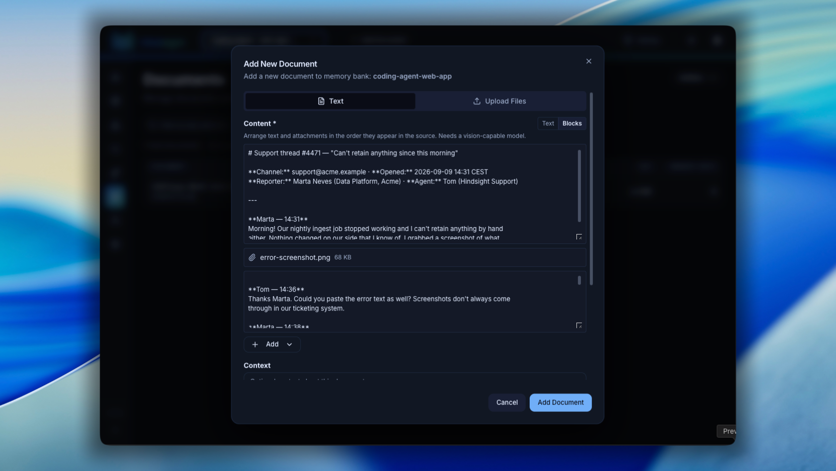 The control plane's Add Document dialog in Blocks mode: a support thread's text, the error screenshot attached as its own block, and the reply that follows, in the order they appear in the source